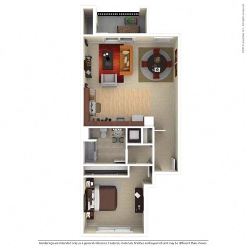 Floor plan for 1 bed, 1 bath, 750 sqft